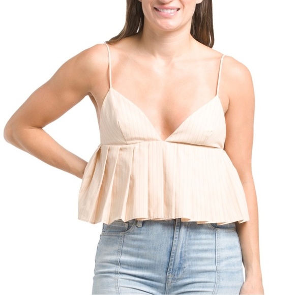 7. Zara Beige Pinstripe Pleated Sleeveless Top Size Large - Picture 1 of 9